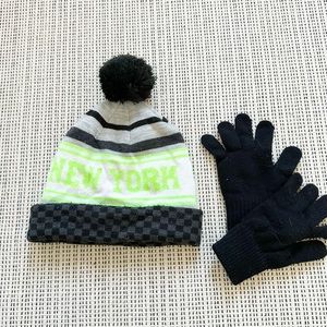 New York Boys Pom Pom Hat / Beanie & Black Gloves